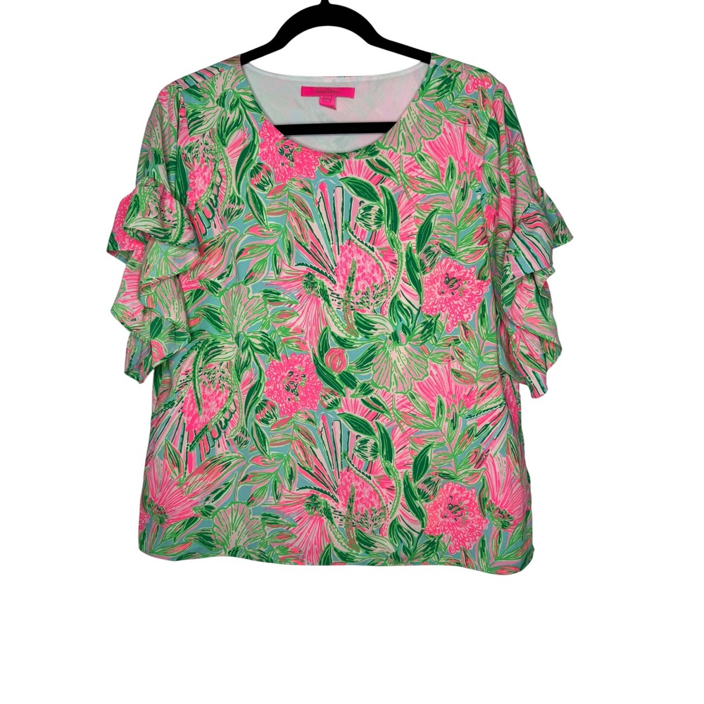 Lilly Pulitzer Darlah Pink Green Tropical Floral Ruffle Sleeve Blouse Top Medium